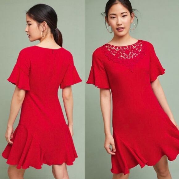 Shoshanna Ruby Ruffle Sleeved Crochet Lace Flounce Mini Dress Anthropologie - Picture 1 of 16